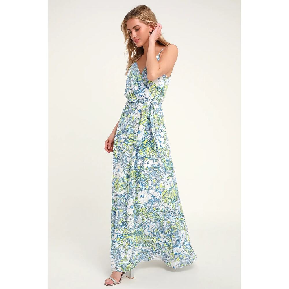 Lulus Blue Green Multi Tropical Print Maxi Dress-Medium